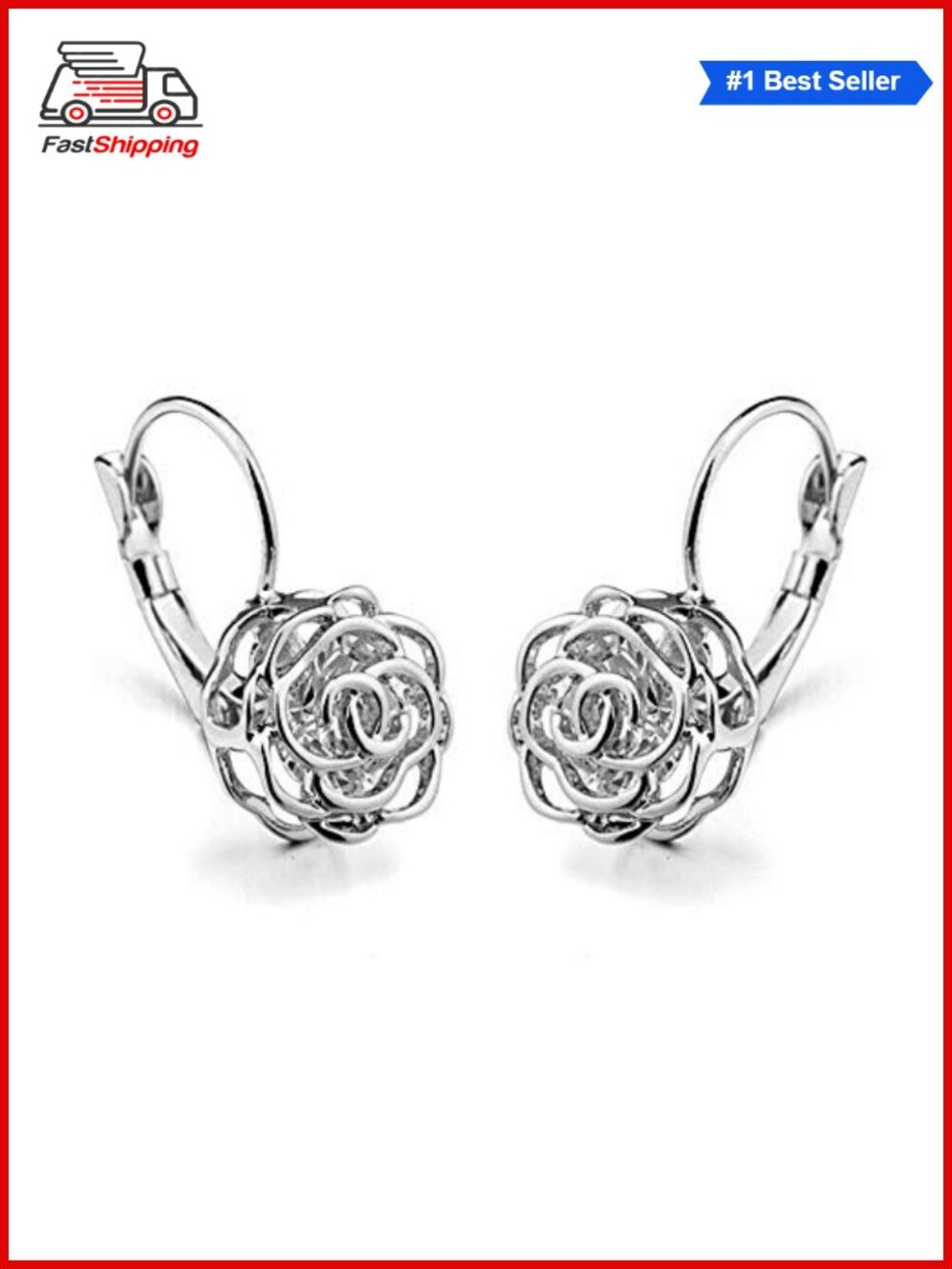 ✨ Blooming CZ Filigree 3D Rose Flower Crystal Leverback Dangle Drop Earrings